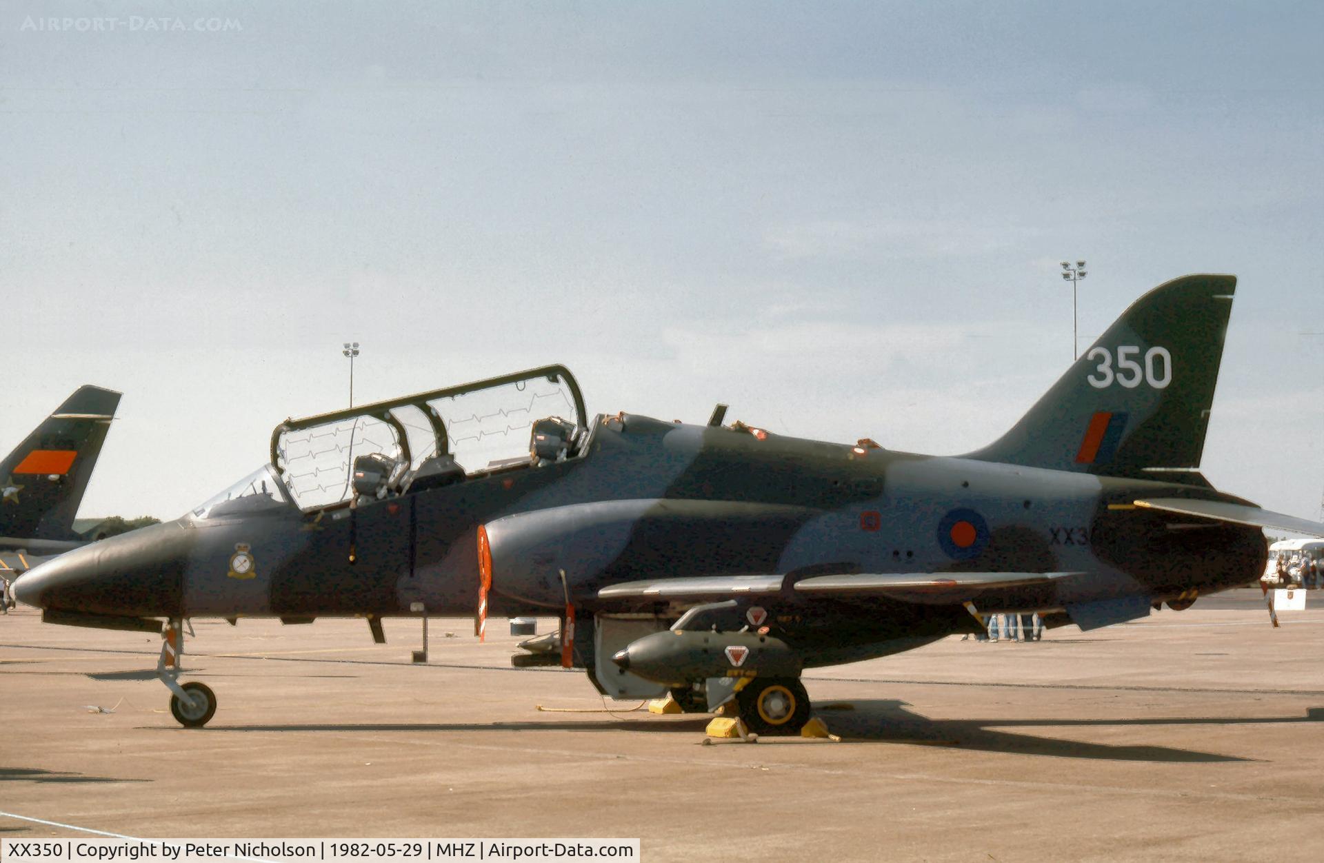 XX350, 1981 Hawker Siddeley Hawk T.1 C/N 199/312174, Another view of RAF Brawdy's 1 Tactical Weapons Unit Hawk T.1 on display at the 1982 RAF Mildenhall Air Fete.