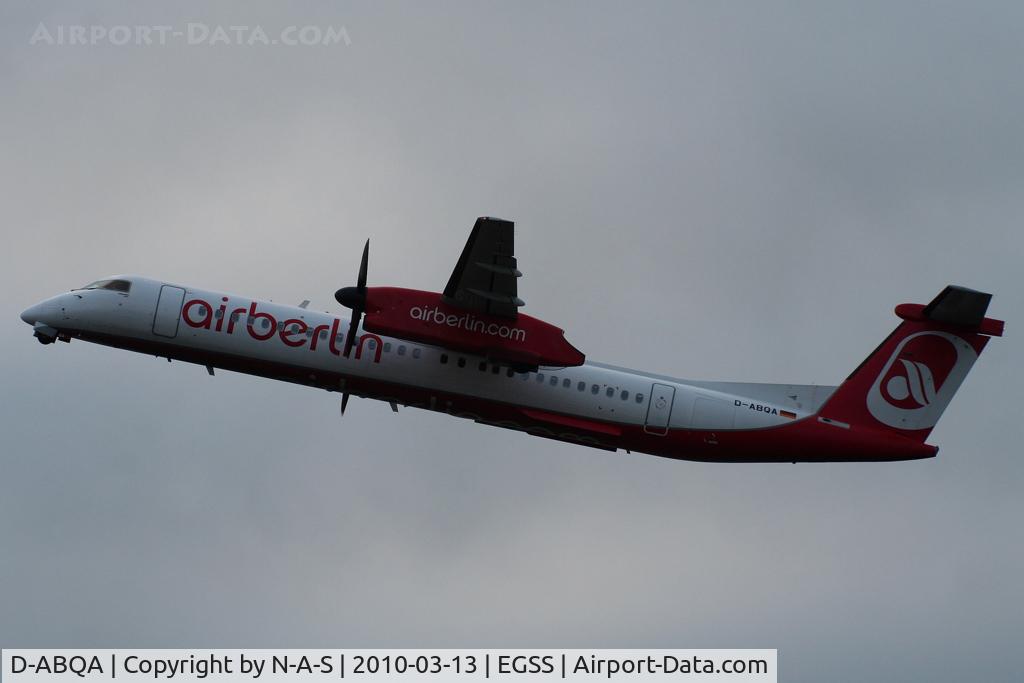 D-ABQA, 2008 De Havilland Canada DHC-8-402Q Dash 8 C/N 4223, Departing a dull Stansted