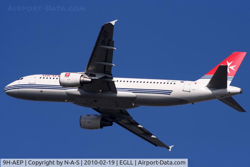 9H-AEP, 2007 Airbus A320-214 C/N 3056, Departing LHR