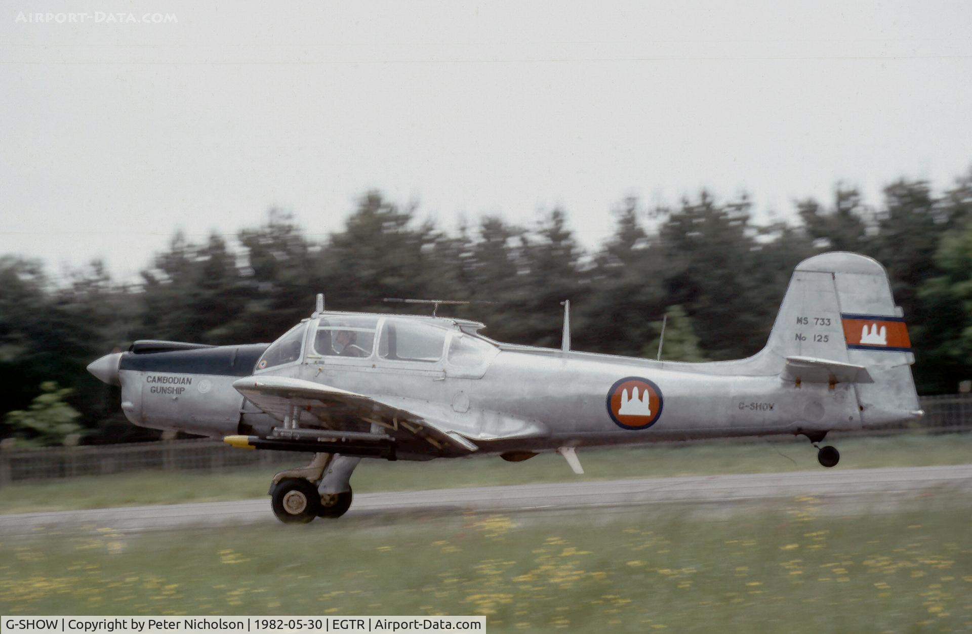 G-SHOW, 1956 Morane-Saulnier MS.733 Alcyon C/N 125, MS.733 Alcyon in Cambodian Air Force markings flew out of Elstree in the Summer of 1982.