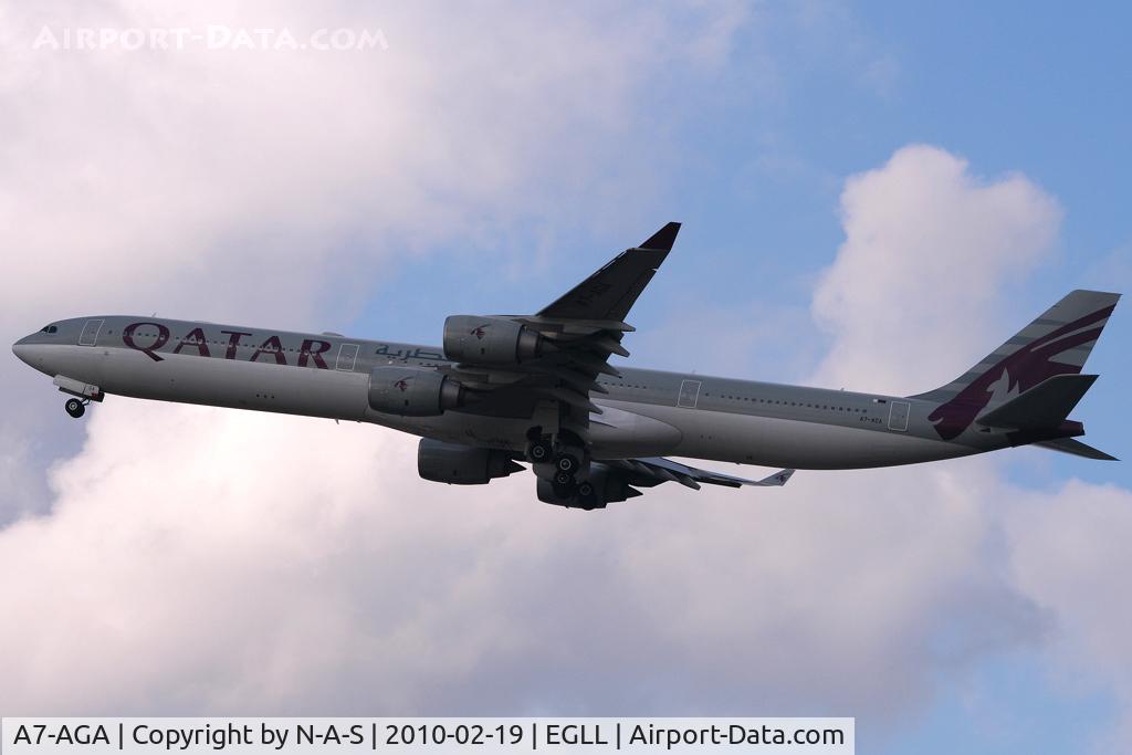 A7-AGA, 2006 Airbus A340-642 C/N 740, Departing a dull LHR