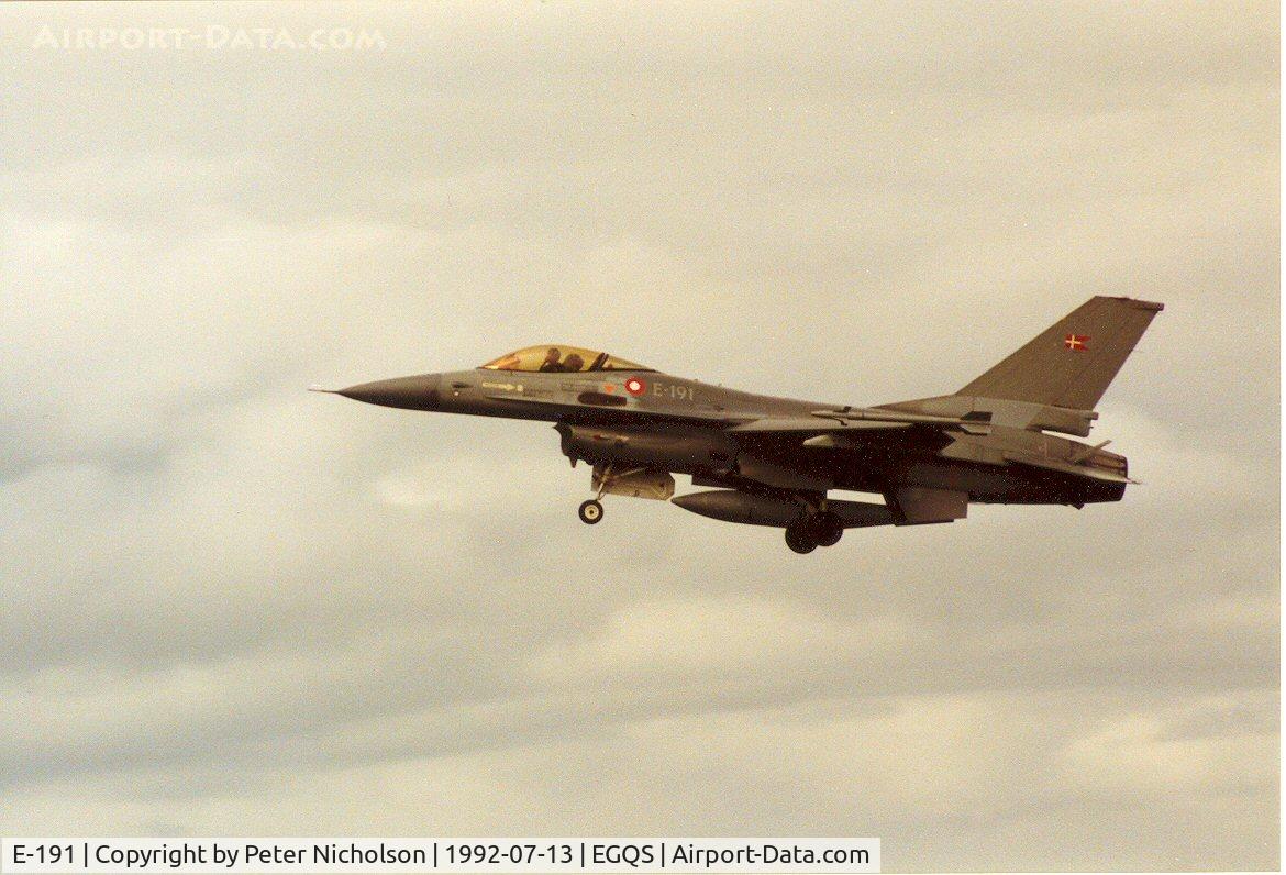 E-191, 1978 SABCA F-16AM Fighting Falcon C/N 6F-18, F-16A Falcon of Esk 730 Royal Danish Air Force on finals to Runway 23 at RAF Lossiemouth in the Summer of 1992.