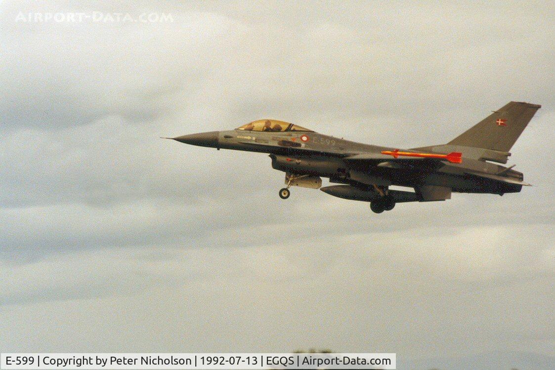 E-599, 1980 SABCA F-16AM Fighting Falcon C/N 6F-34, F-16A Falcon of Esk 730 Royal Danish Air Force on finals to Runway 23 at RAF Lossiemouth in the Summer of 1992.