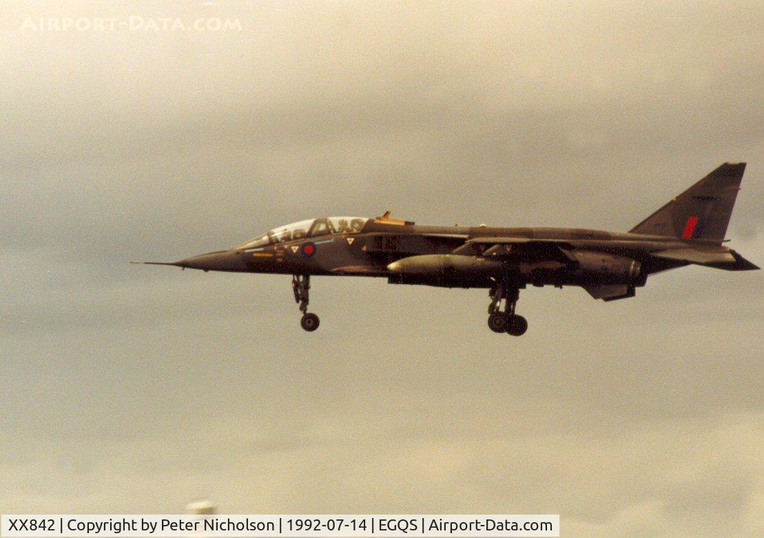 XX842, 1975 Sepecat Jaguar T.2A C/N B.30, Jaguar T.2A of 6 Squadron at RAF Coltishall on final approach to RAF Lossiemouth in the Summer of 1992.