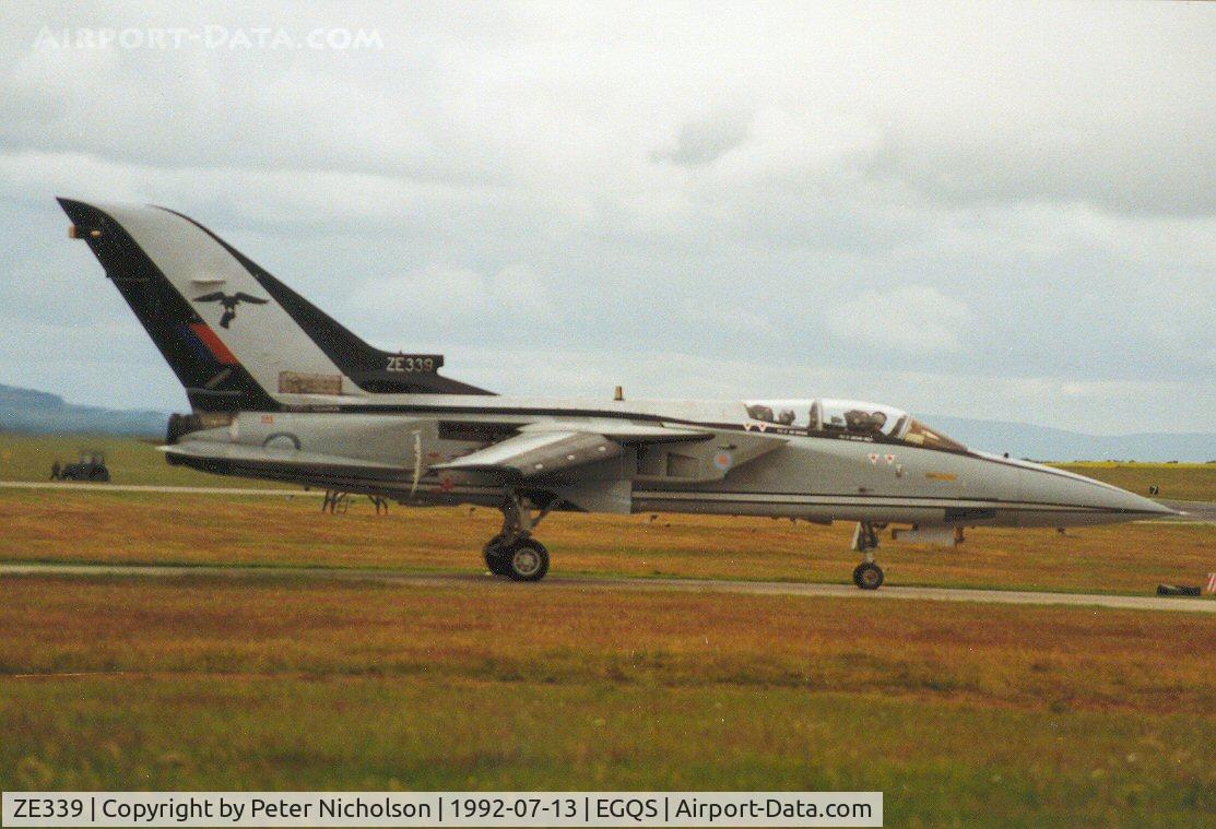 ZE339, 1987 Panavia Tornado F.3 C/N AS042/641/3287, Tornado F.3, callsign Romeo 31, of 25 Squadron in the 1992 display season's markings awaiting clearance to join the active runway at RAF Lossiemouth in the Summer of 1992.