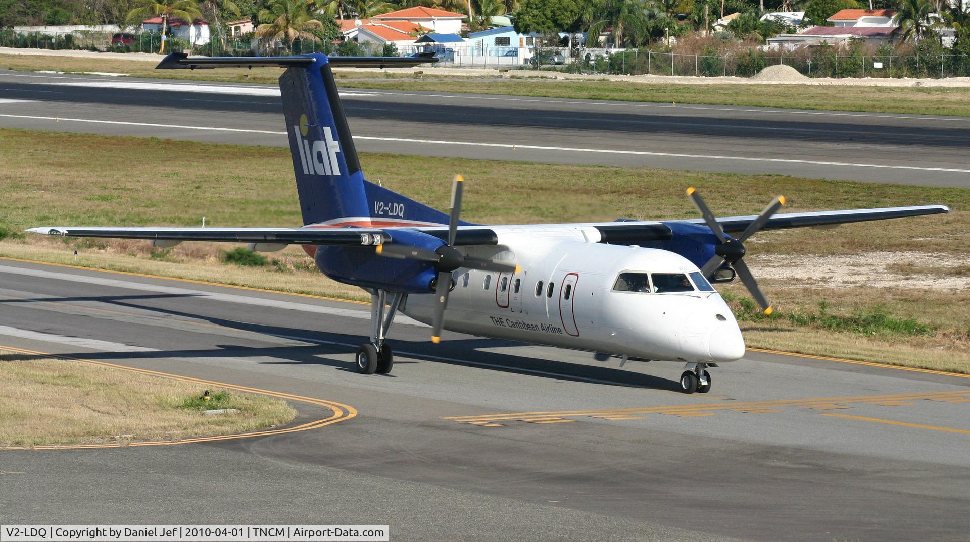 V2-LDQ, 1988 De Havilland Canada DHC-8-102 Dash 8 C/N 113, Liat V2-LDQ holding at the holding point Alpha at TNCM