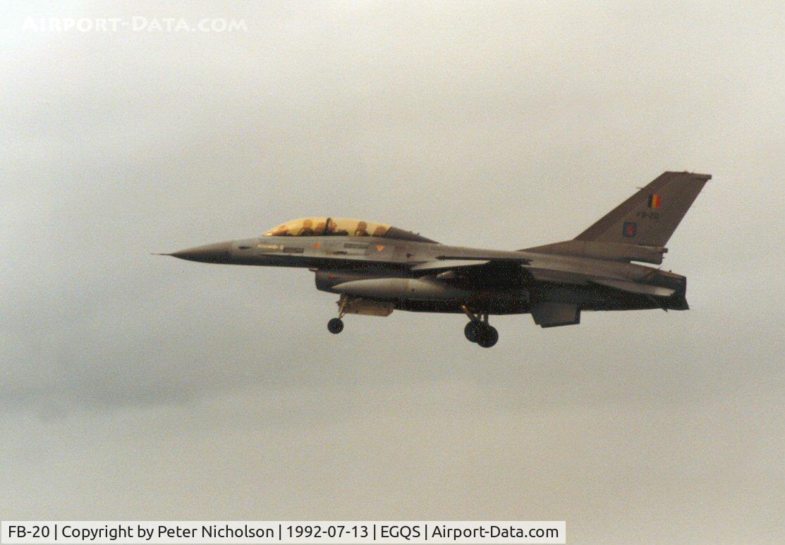 FB-20, 1980 General Dynamics F-16BM Fighting Falcon C/N 6J-20, F-16B Falcon of the Belgian Air Force on final approach to RAF Lossiemouth in the Summer of 1992.