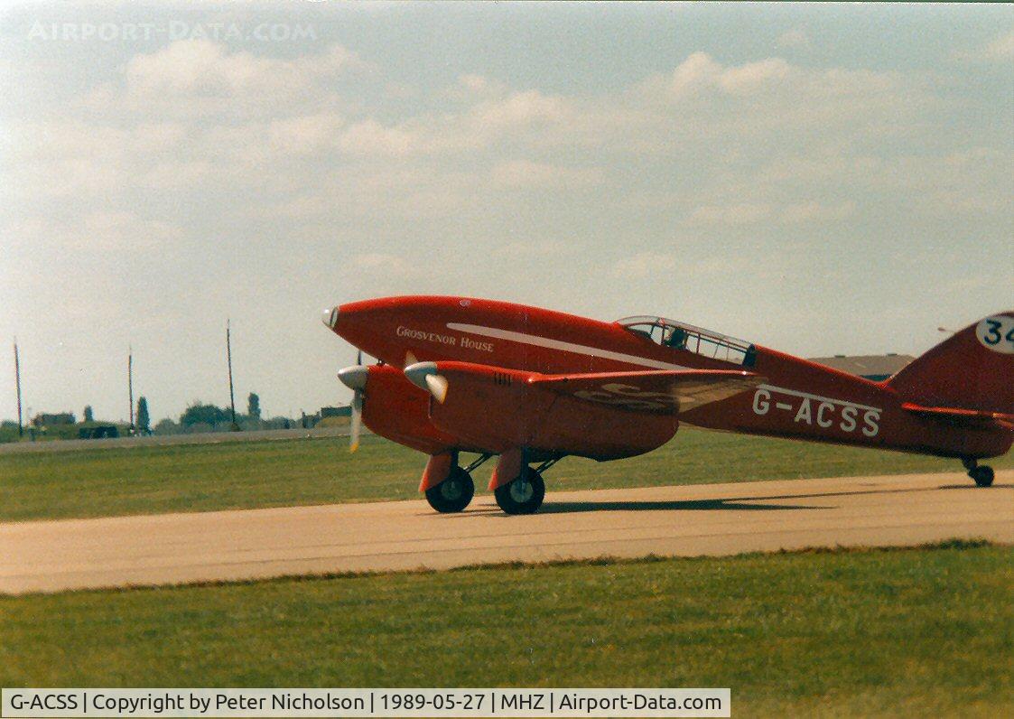 G-ACSS, 1934 De Havilland DH-88 Comet C/N 1996, DH.88 Comet at the 1989 RAF Mildenhall Air Fete to celebrate the 50th anniversary of the Mildenhall to Melbourne Air Race.