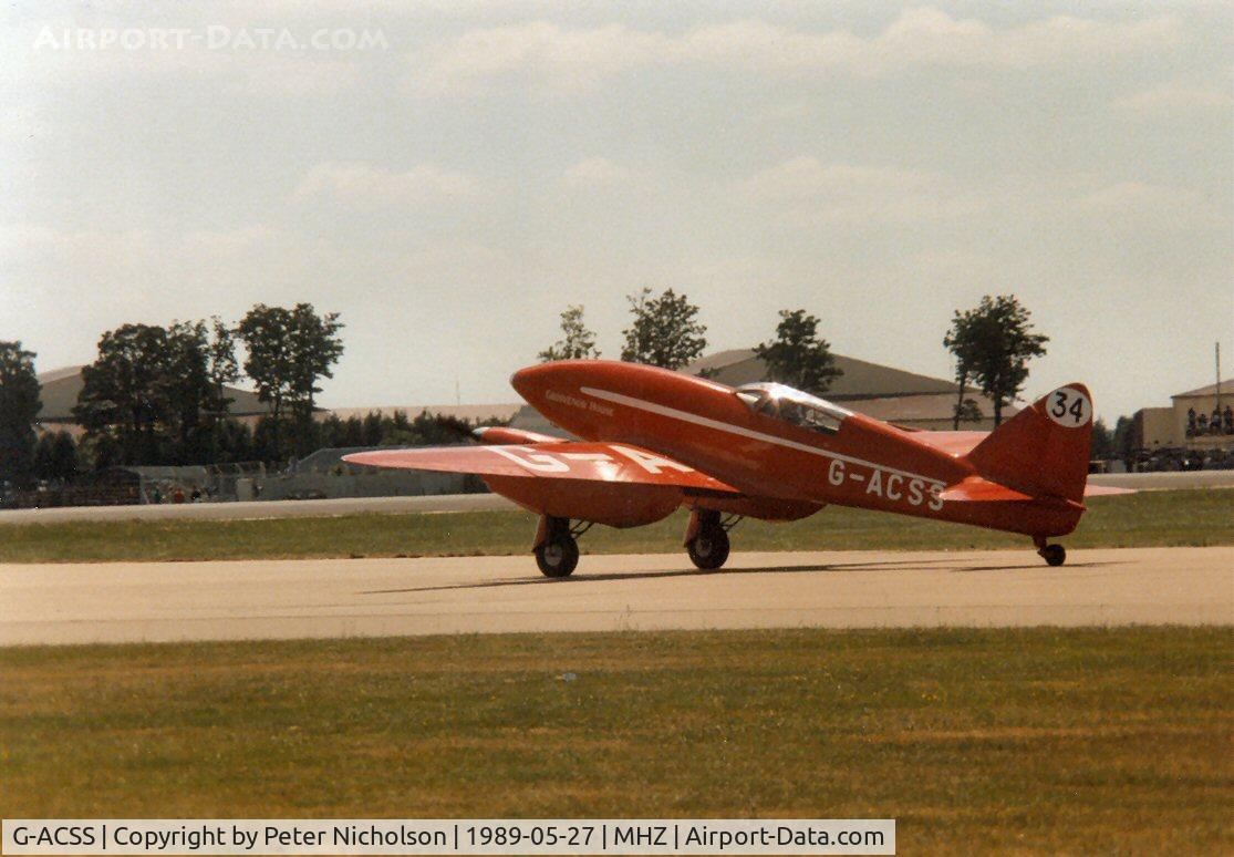 G-ACSS, 1934 De Havilland DH-88 Comet C/N 1996, Another view of the winner of the 1934 Mildenhall to Melbourne Victoria Centenary Air Race seen on the Race's 50th anniversary at the 1989 Mildenhall Air Fete.