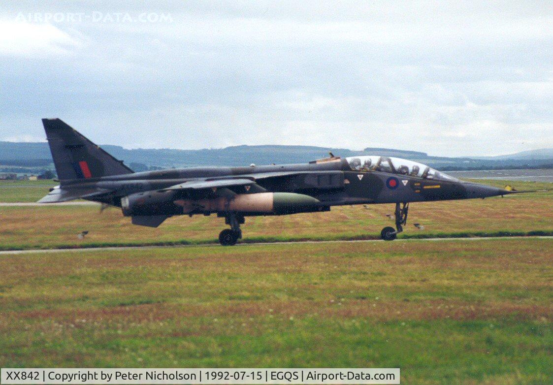 XX842, 1975 Sepecat Jaguar T.2A C/N B.30, Jaguar T.2A of 6 Squadron at RAF Coltishall departing RAF Lossiemouth in the Summer of 1992.