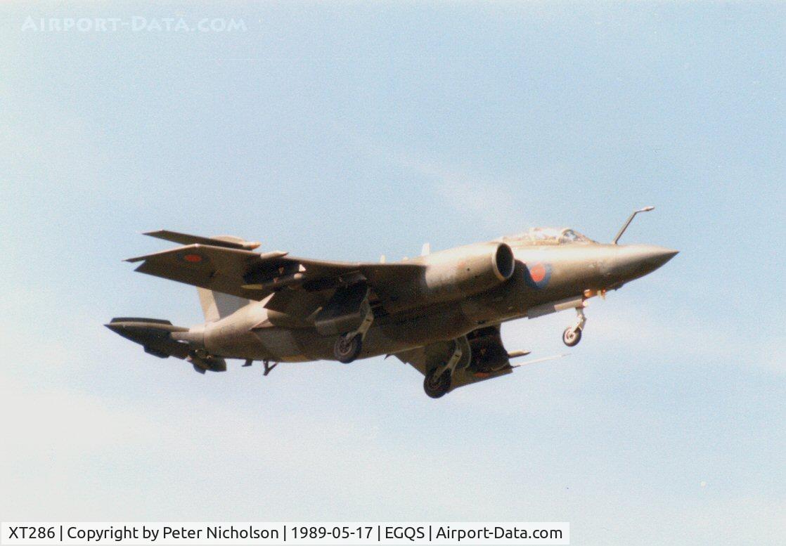 XT286, 1966 Hawker Siddeley Buccaneer S.2B C/N B3-08-65, Buccaneer S.2B of 208 Squadron on final approach to RAF Lossiemouth in May 1989.
