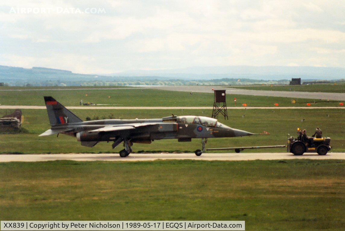 XX839, 1975 Sepecat Jaguar T.2A C/N B.27, Jaguar T.2A of 226 Operational Conversion Unit being towed to the ramp in May 1989.