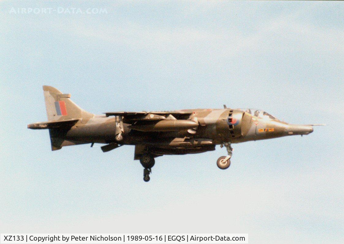 XZ133, 1976 Hawker Siddeley Harrier GR.3 C/N 712192, Harrier GR.3 of 4 Squadron landing at RAF Lossiemouth in May 1989.