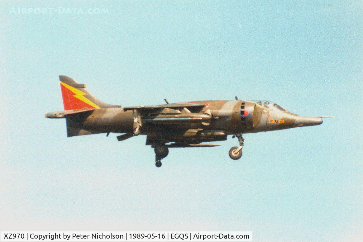 XZ970, 1980 British Aerospace Harrier GR.3 C/N 712206, Harrier GR.3 wearing special tail markings of 4 Squadron landing at RAF Lossiemouth in May 1989.