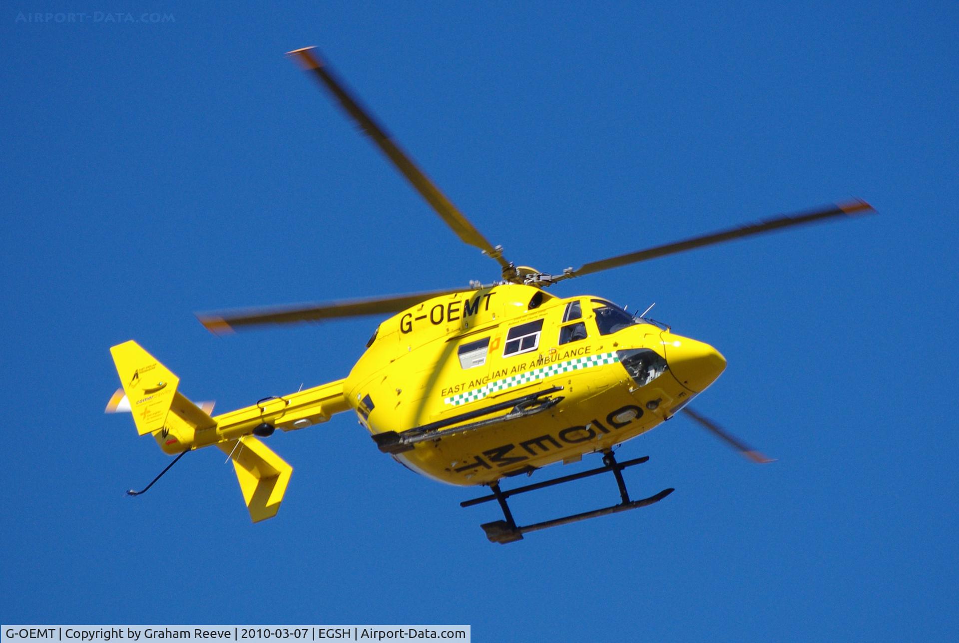 G-OEMT, 2001 Eurocopter-Kawasaki BK-117C-1 C/N 7538, Departing from Norwich.