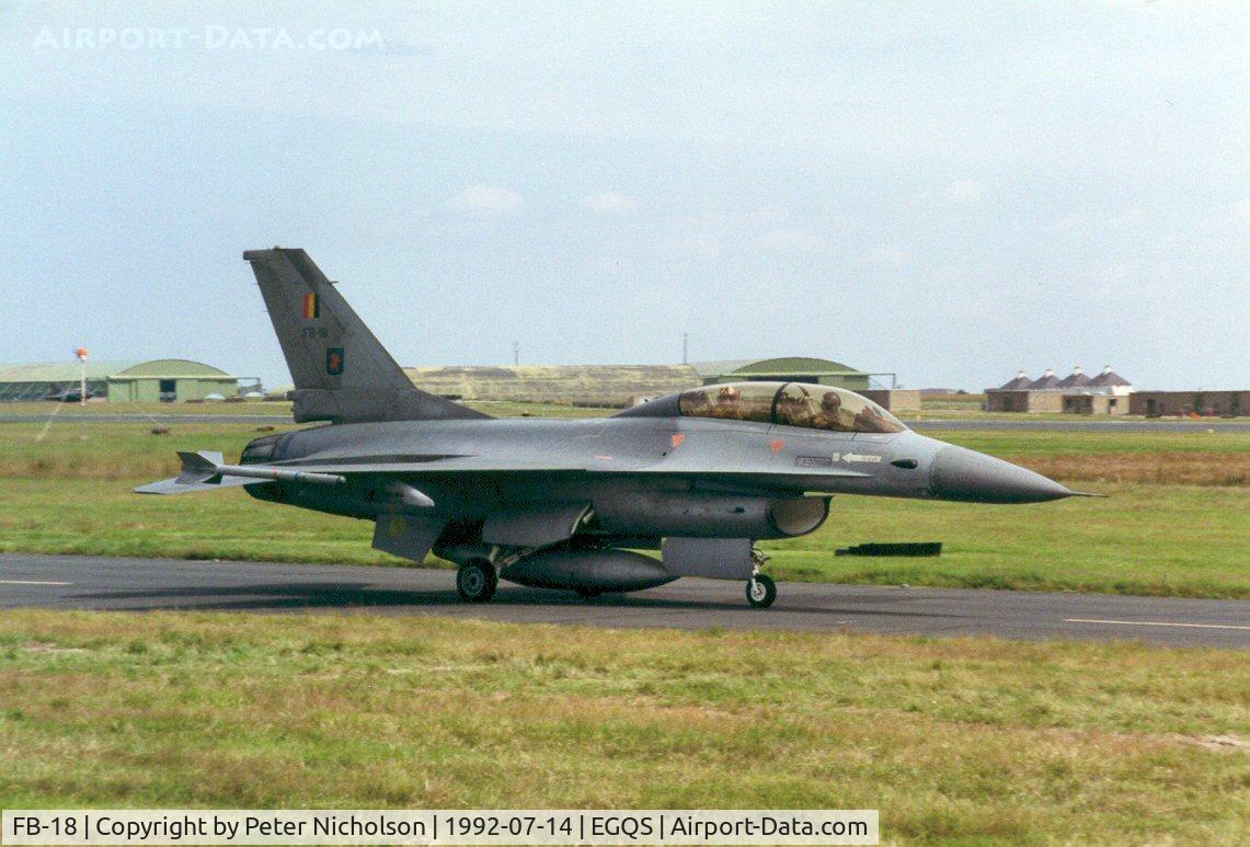 FB-18, General Dynamics F-16BM Fighting Falcon C/N 6J-18, F-16B Falcon, callsign Belgian Air Force 327, of 10 Wing taxying to the active runway at RAF Lossiemouth in the Summer of 1992.