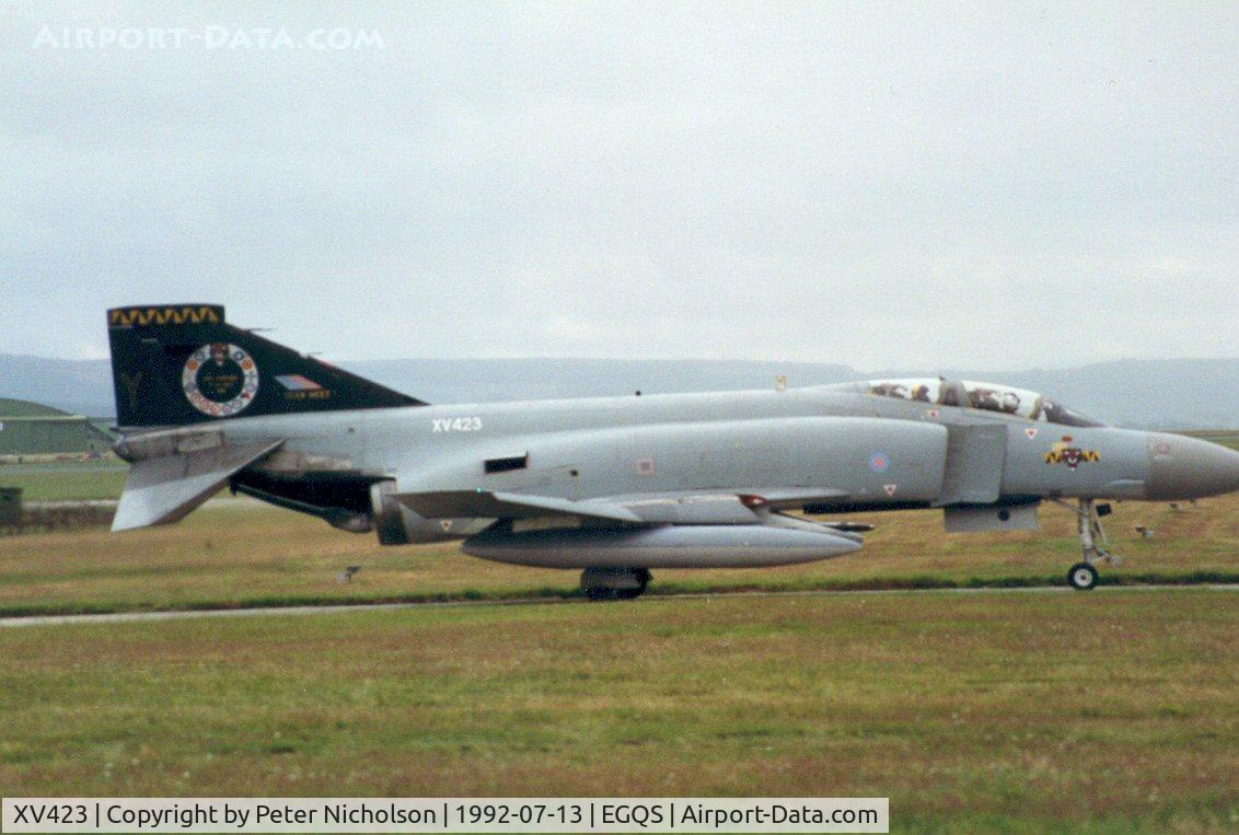 XV423, 1969 McDonnell Douglas Phantom FGR2 C/N 3075/9253, Phantom FGR.2 of 74 Squadron awaiting clearance to join the active runway at RAF Lossiemouth in the Summer of 1992 - tail markings from the 1991 Tiger Meet still evident.
