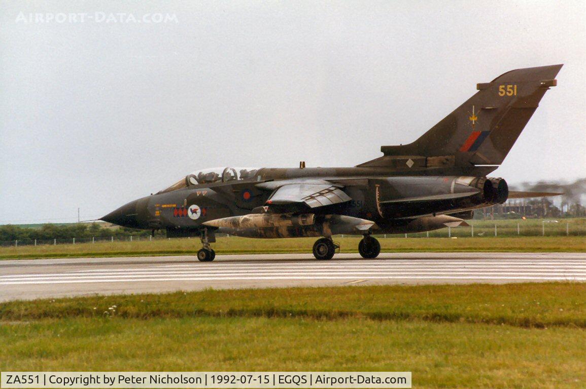ZA551, 1981 Panavia Tornado GR.1 C/N 067/BT018/3035, Tornado GR.1, callsign Magnum 4, of 45[Reserve] Squadron preparing for take-off on Runway 05 at RAF Lossiemouth in the Summer of 1992.