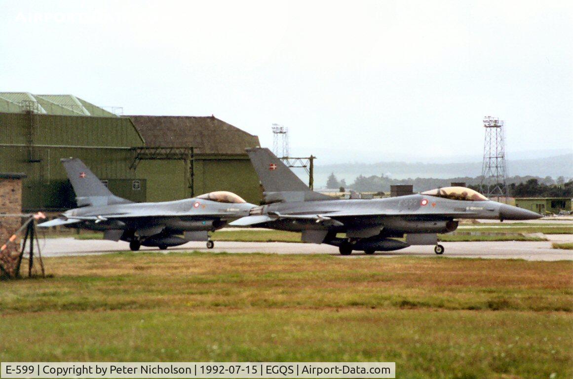 E-599, 1980 SABCA F-16AM Fighting Falcon C/N 6F-34, F-16A Falcon of Esk 730 Royal Danish Air Force leading the flight to the active runway at RAF Lossiemouth in the Summer of 1992.