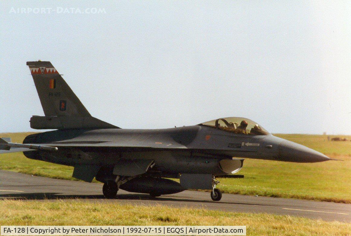 FA-128, SABCA F-16AM Fighting Falcon C/N 6H-128, F-16A Falcon of 2 Wing Belgian Air Force taxying to Runway 05 at RAF Lossiemouth in the Summer of 1992.