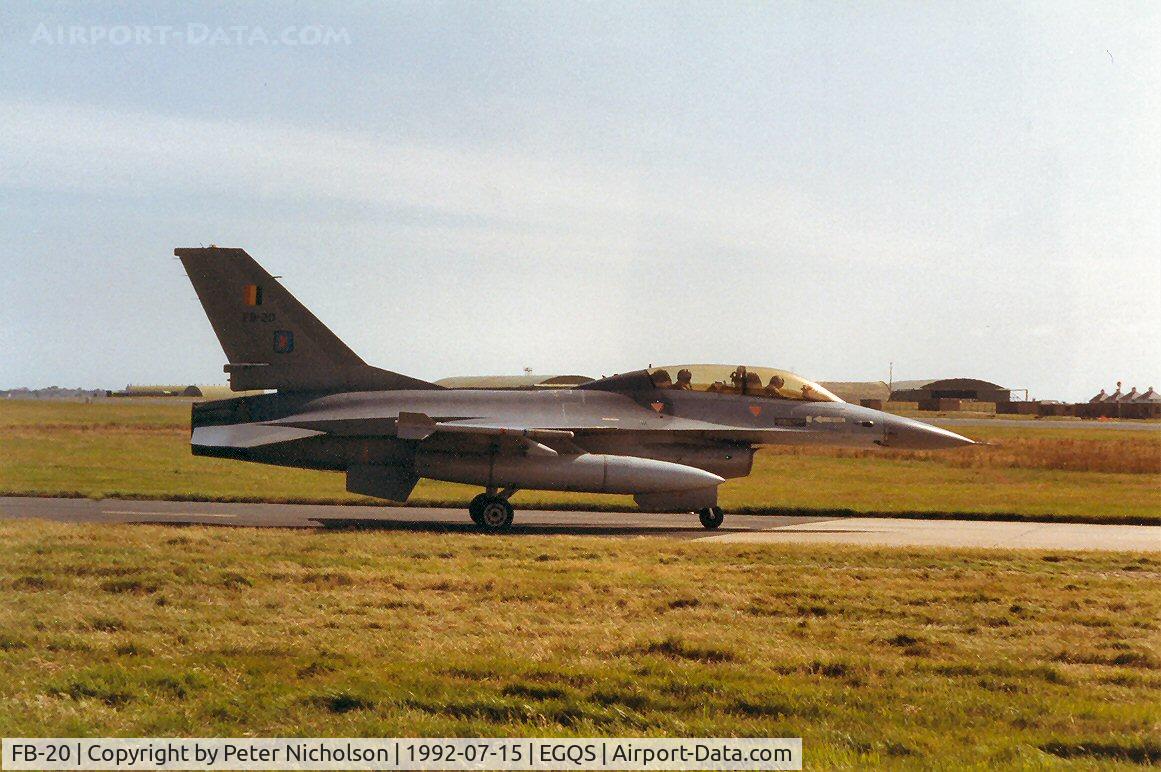 FB-20, 1980 General Dynamics F-16BM Fighting Falcon C/N 6J-20, F-16B Falcon of 10 Wing Belgian Air Force taxying to the active runway at RAF Lossiemouth in the Summer of 1992.