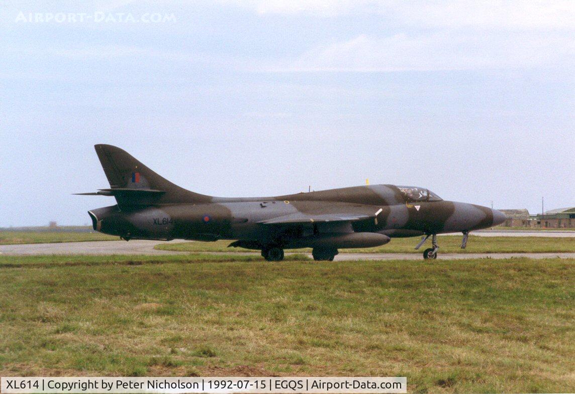 XL614, 1957 Hawker Hunter T.7 C/N 41H/695333, Hunter T.7 preparing to join Runway 05 at RAF Lossiemouth in the Summer of 1992.