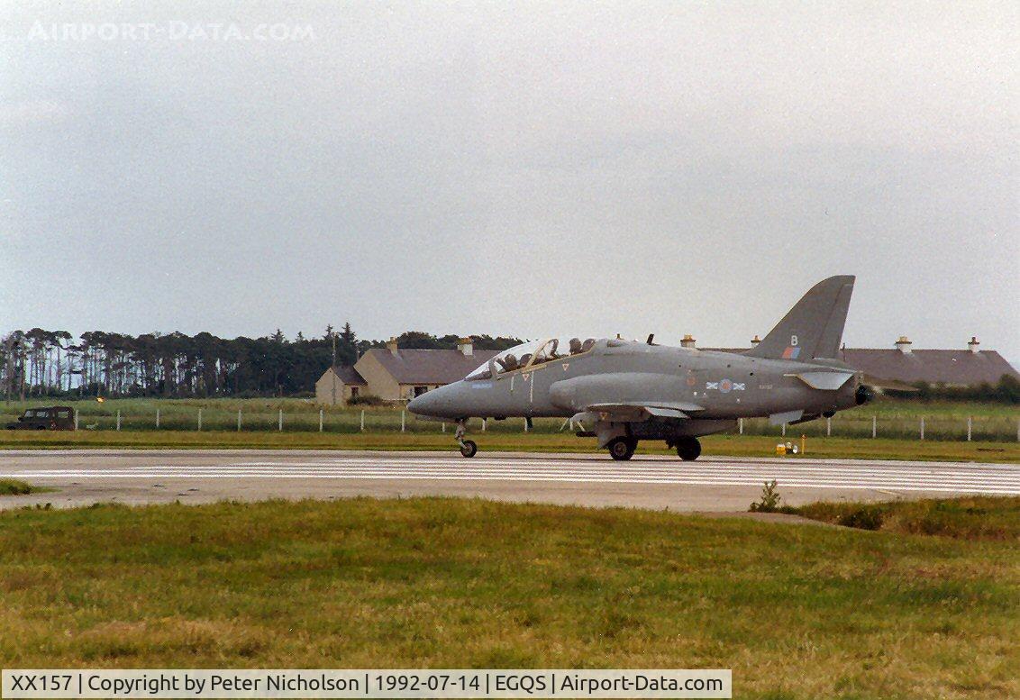 XX157, 1979 Hawker Siddeley Hawk T.1A C/N 003/312003, Hawk T.1A of 151 Squadron preparing to join Runway 05 at RAF Lossiemouth in the Summer of 1992.