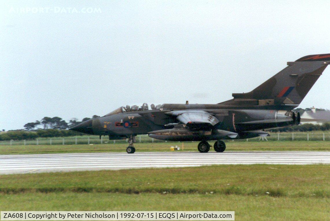 ZA608, 1982 Panavia Tornado GR.1 C/N 141/BS045/3072, Tornado GR.1, callsign Magnum 3, of 617 Squadron taking off on Runway 05 at RAF Lossiemouth in the Summer of 1992.