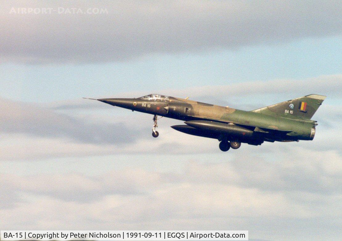 BA-15, Dassault Mirage 5BA C/N 15, Mirage 5BA of 8 Squadron Belgian Air Force landing at RAF Lossiemouth in September 1991.