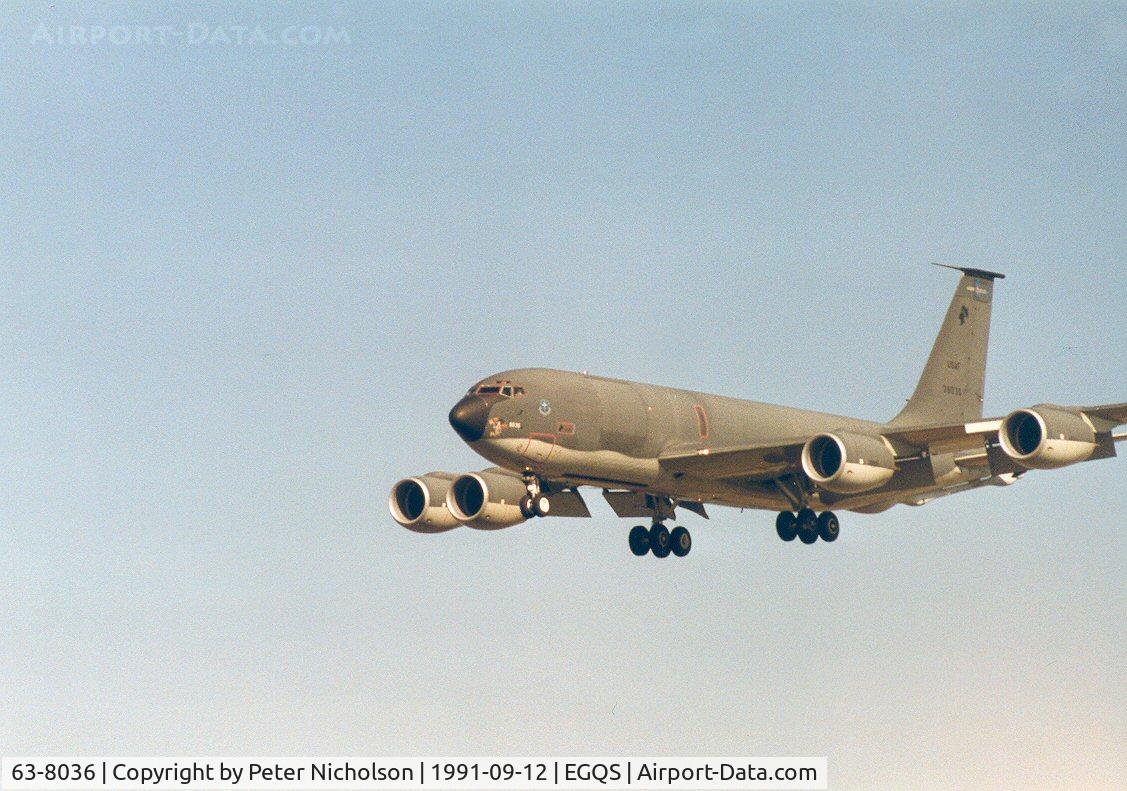 63-8036, 1963 Boeing KC-135R Stratotanker C/N 18653, KC-135R Stratotanker of 19th Air Refuelling Wing from Robins AFB on approach to RAF Lossiemouth in September 1991.