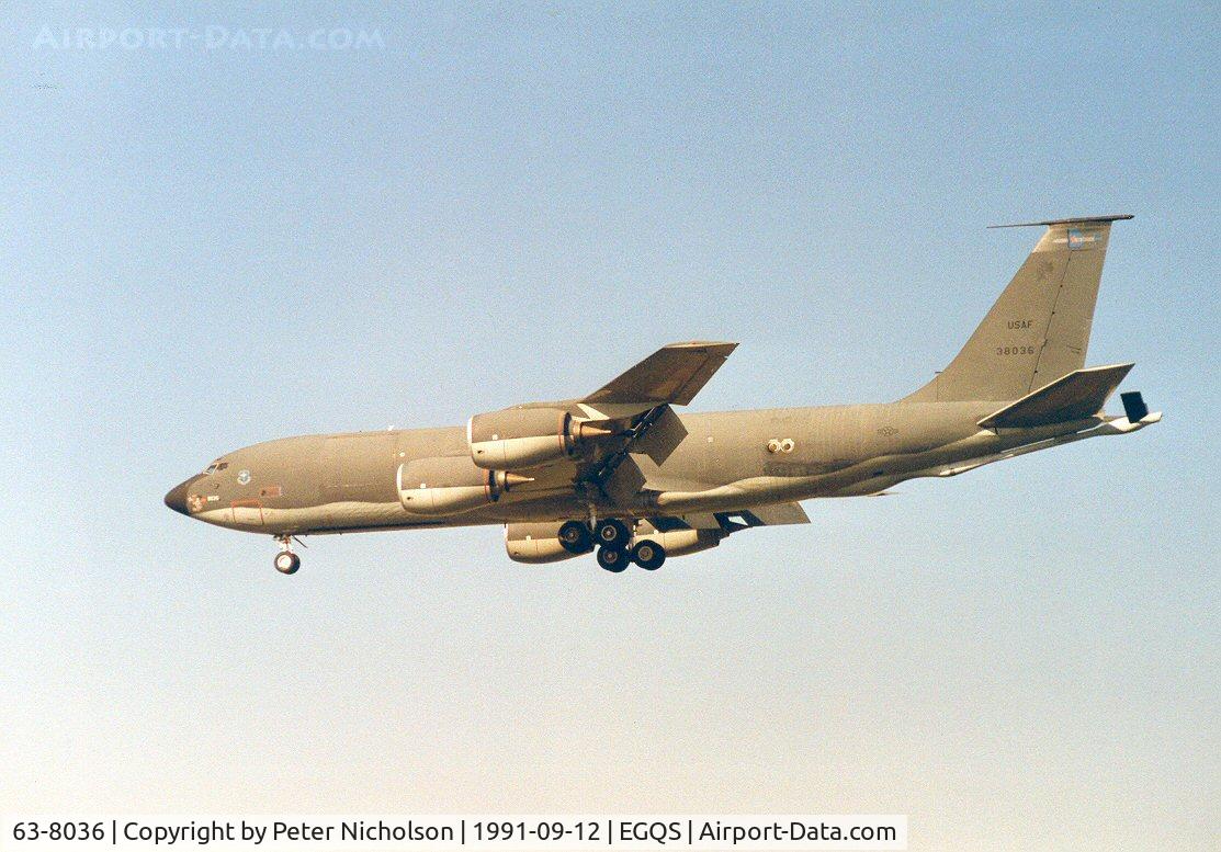 63-8036, 1963 Boeing KC-135R Stratotanker C/N 18653, 19th Air Refuelling Wing KC-135R Stratotanker on approach to RAF Lossiemouth in September 1991.