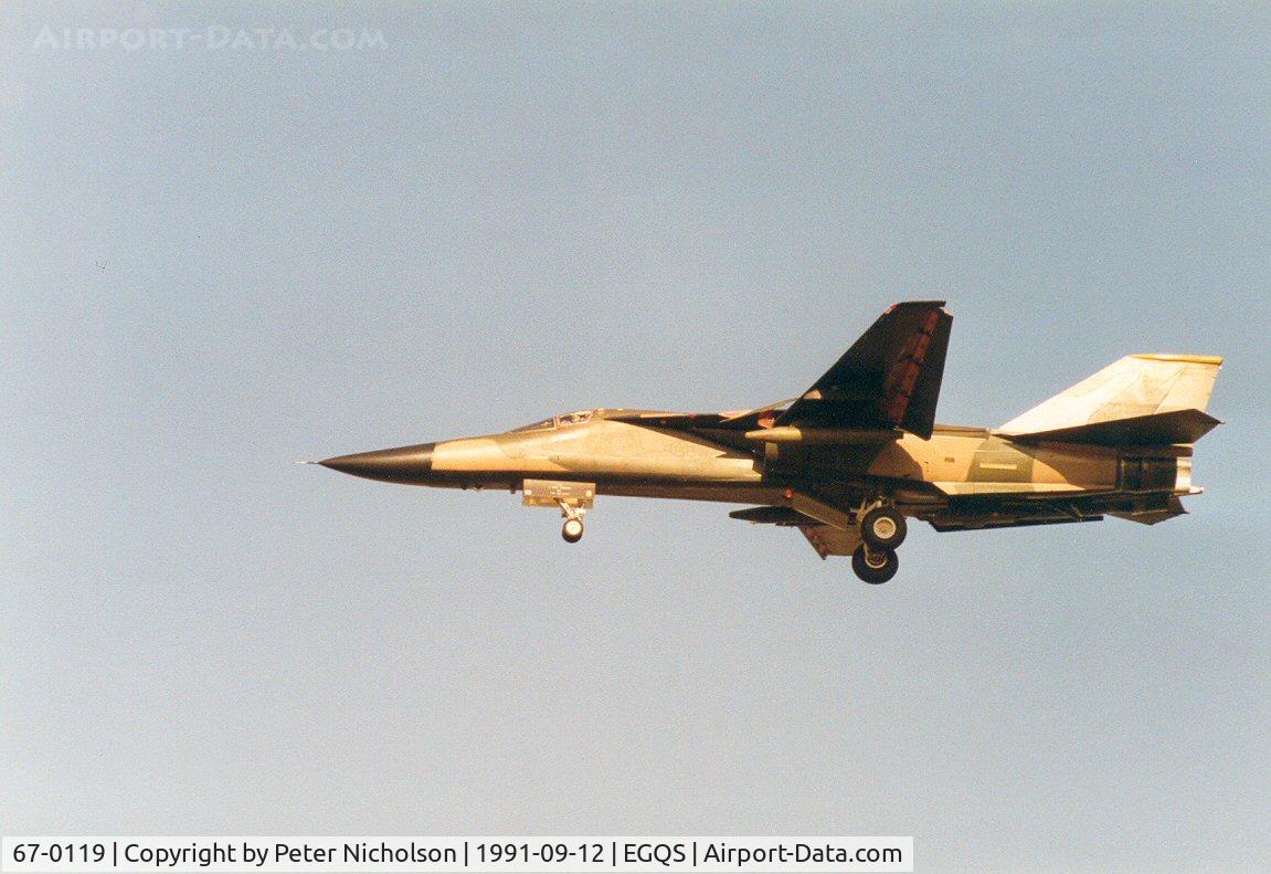 67-0119, 1968 General Dynamics F-111E Aardvark C/N A1-164, F-111E of 77th Tactical Fighter Squadron/20th Tactical Fighter Wing at RAF Upper Heyford on approach to RAF Lossiemouth in September 1991.