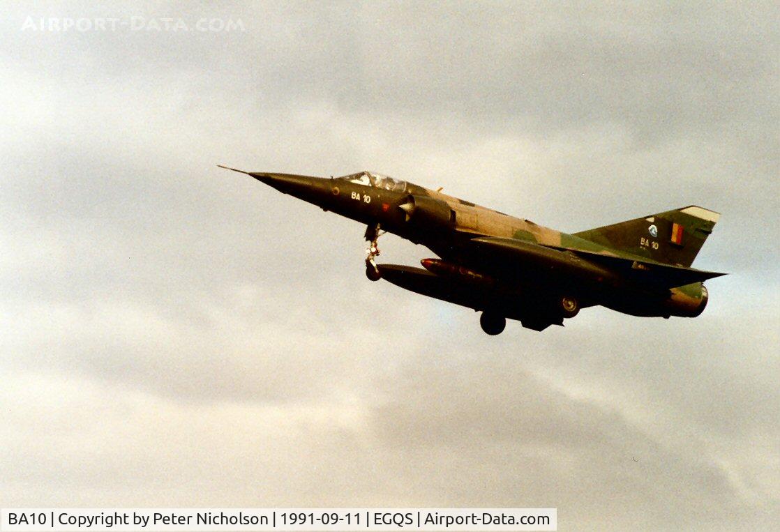 BA10, SABCA Mirage 5BA C/N 10, Mirage 5BA of 8 Squadron Belgian Air Force on approach to RAF Lossiemouth in September 1991.