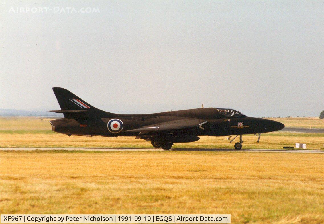 XF967, 1956 Hawker Hunter T.8B C/N HABL-003122, Hunter T.8B of 237 Operational Conversion Unit in colour scheme of 111 Squadron's Hunters in celebration of 40 years of Hunter service seen at RAF Lossiemouth in September 1991.