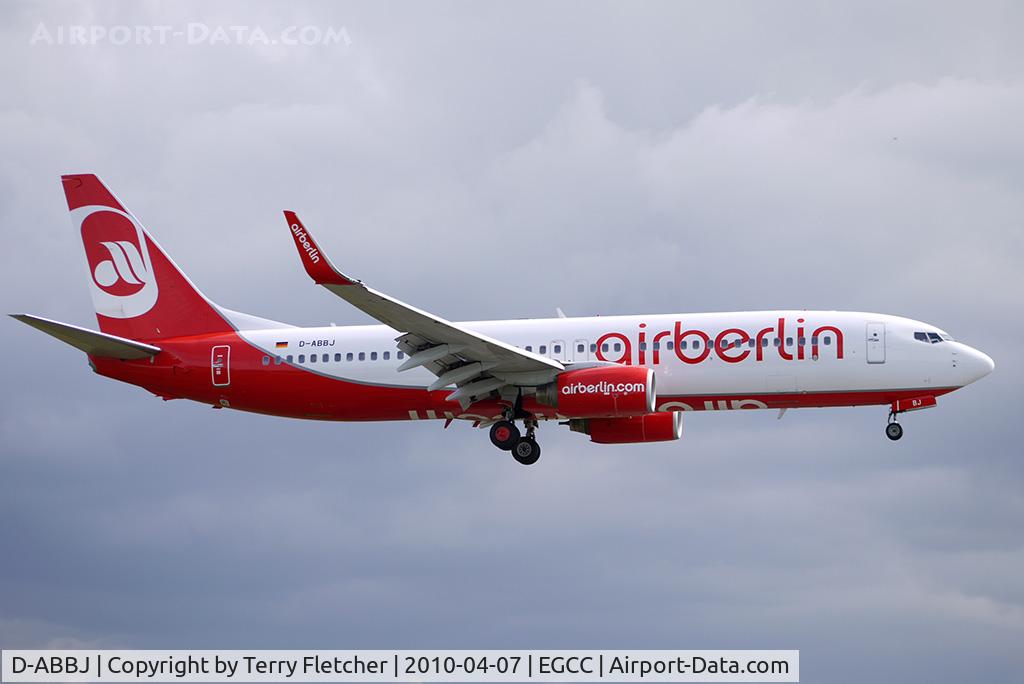 D-ABBJ, 2003 Boeing 737-86Q C/N 30286, Air Berlin B737 in with flight for the Man Utd v Bayern Munich Champions League Soccer match