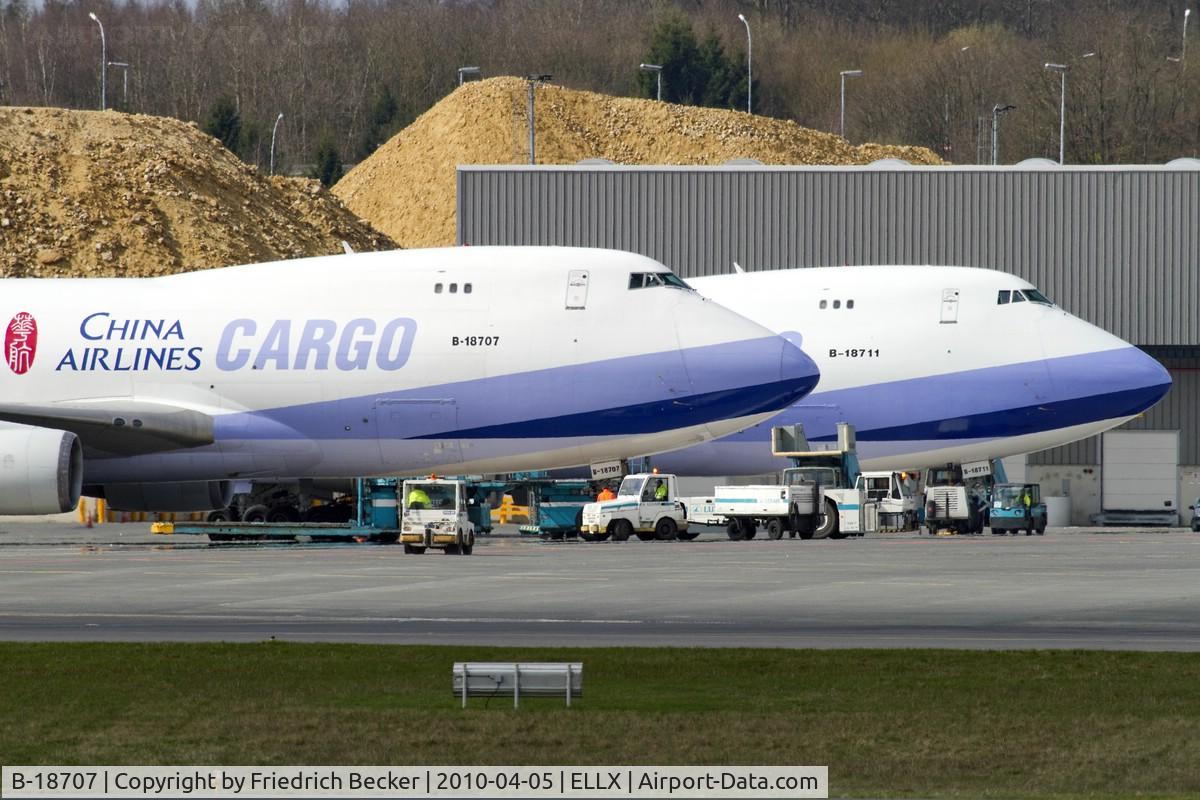 B-18707, 2001 Boeing 747-409F/SCD C/N 30764, parked at the cargo center at Luxembourg