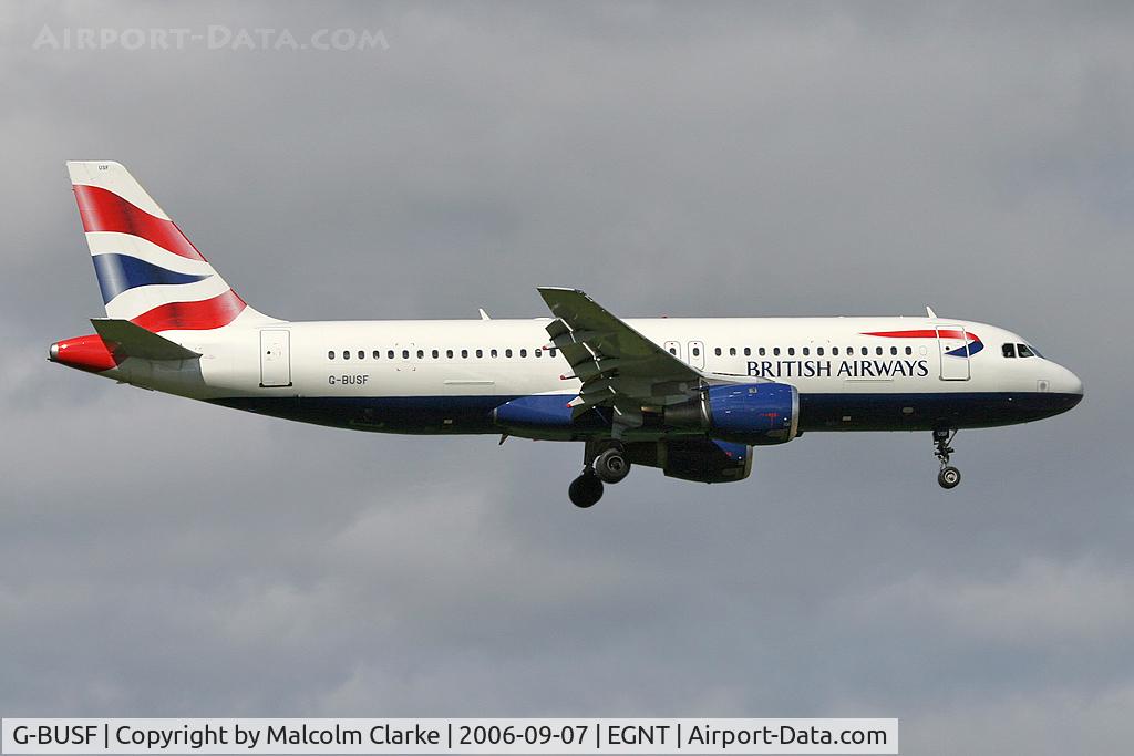 G-BUSF, 1989 Airbus A320-111 C/N 018, Airbus A320-111 on approach to Rwy 07 at Newcastle Airport in 2006.