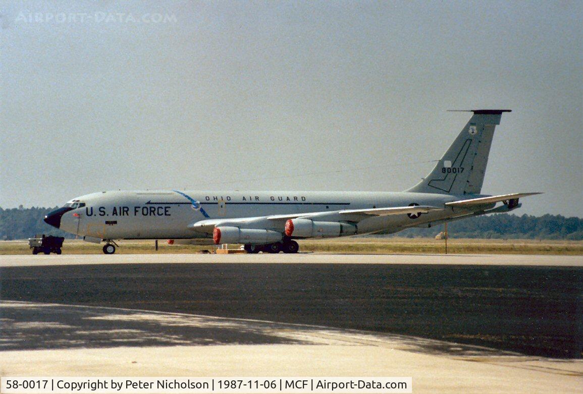 58-0017, 1958 Boeing KC-135E Stratotanker C/N 17762, KC-135E Stratotanker of 145th Air Refuelling Squadron Ohio Air National Guard at MacDill AFB in November 1987.