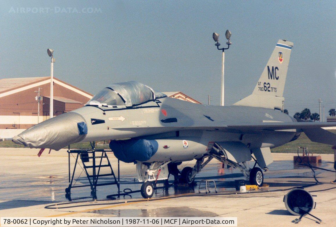 78-0062, 1978 General Dynamics F-16A Fighting Falcon C/N 61-58, F-16A Falcon of 62nd Tactical Fighter Training Squadron at MacDill AFB in November 1987.