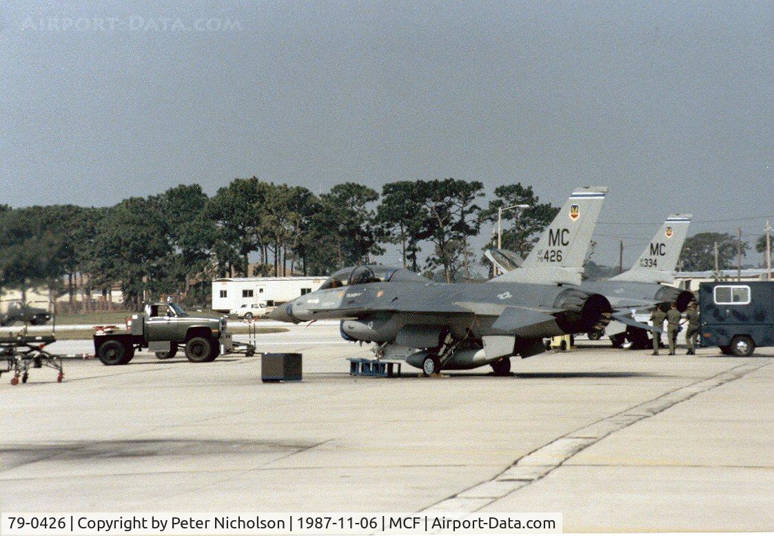 79-0426, 1979 General Dynamics F-16B Fighting Falcon C/N 62-58, F-16B Falcon of 62nd Tactical Fighter Training Squadron at MacDill AFB in November 1987.