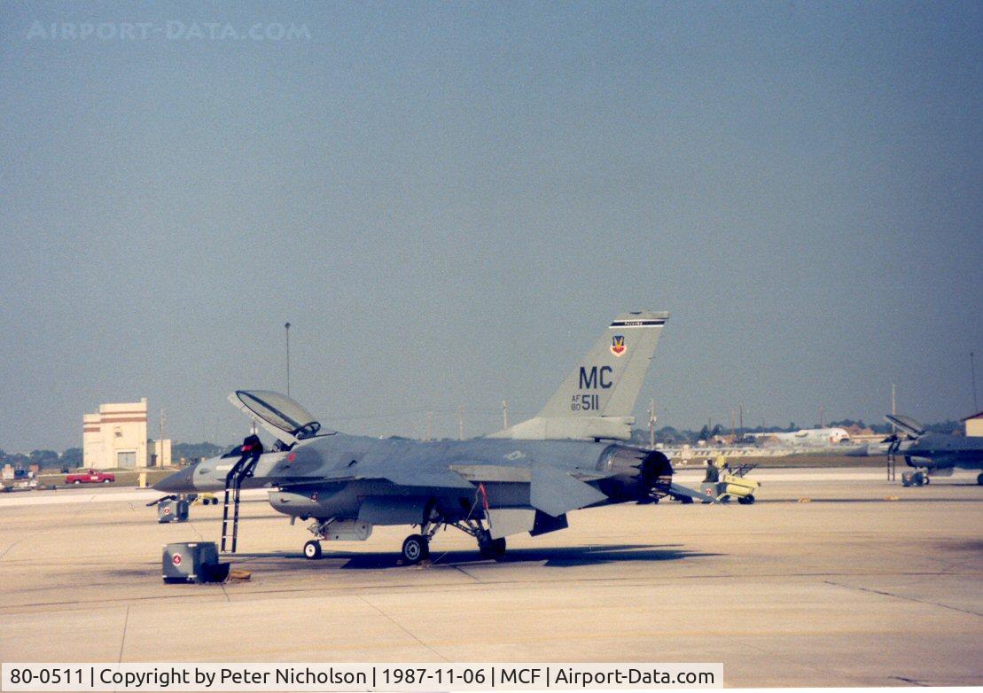 80-0511, 1980 General Dynamics F-16A Fighting Falcon C/N 61-232, F-16A Falcon of 72nd Tactical Fighter Training Squadron at MacDill AFB in November 1987.