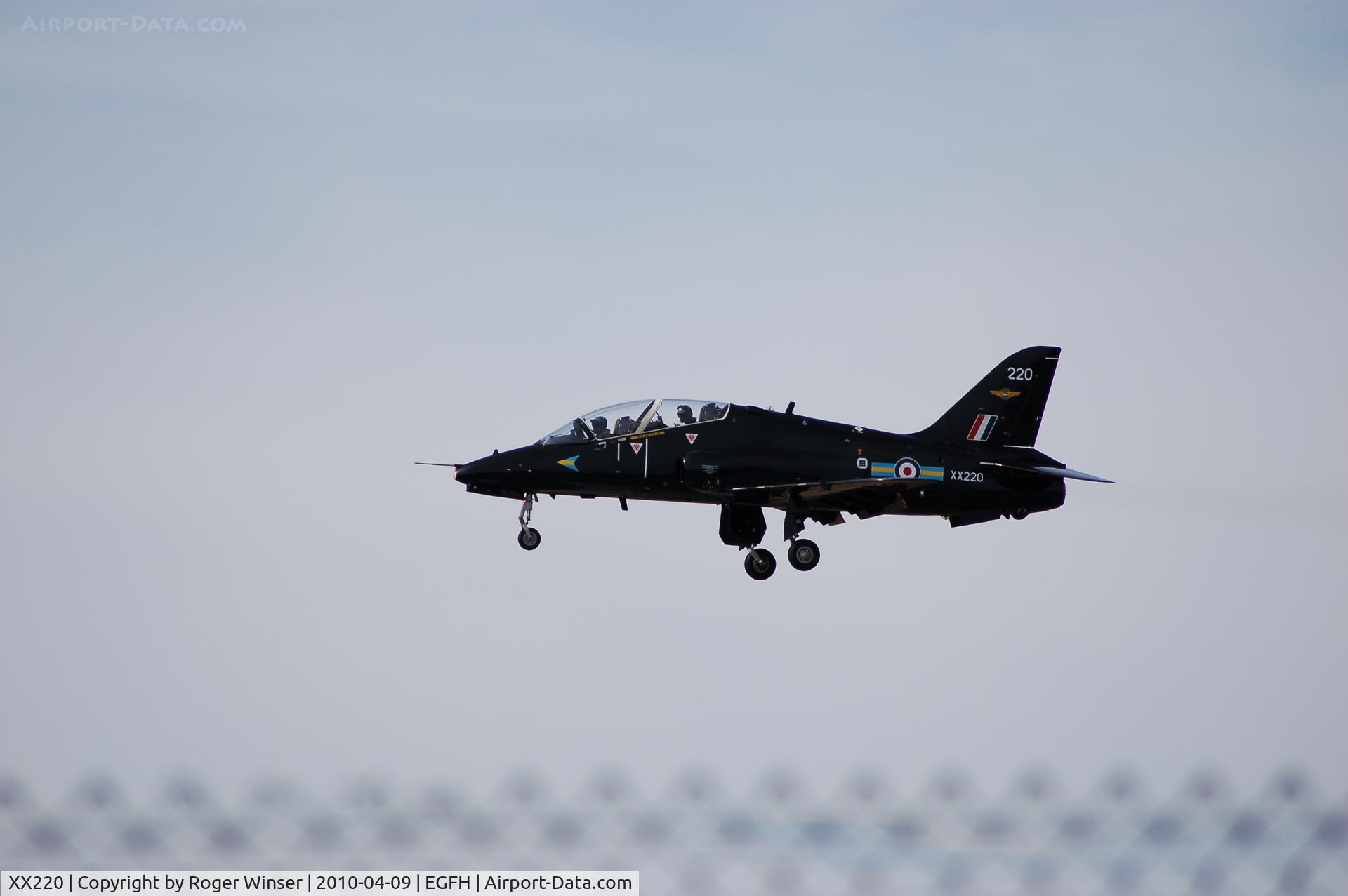 XX220, 1978 Hawker Siddeley Hawk T.1A C/N 056/312056, Over the fence. Hawk of 208(Reserve) Squadron RAF makes a practice approach to Runway 22