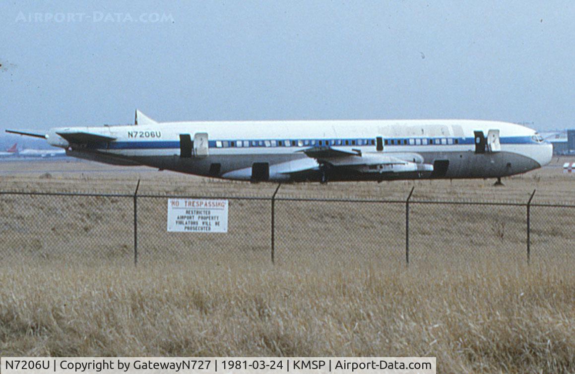 N7206U, 1960 Boeing 720-022 C/N 17912, ex-United. Sat derelict on the west side of KMSP from retirement in 1972 until the late 1980s or early 1990s. Sometimes used as a fire evac trainer. Mainliner T. Claude Ryan.