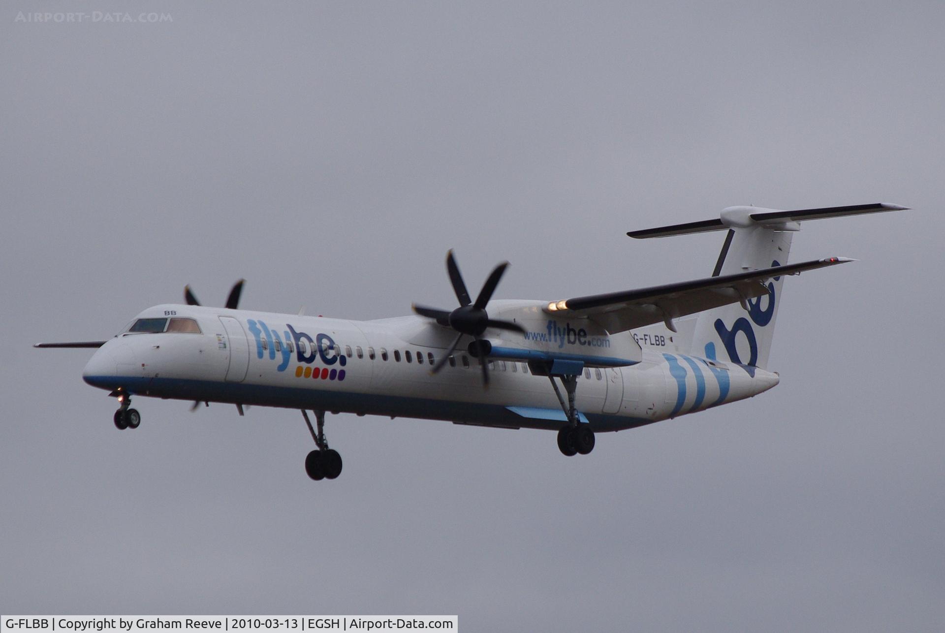 G-FLBB, 2009 De Havilland Canada DHC-8-402Q Dash 8 C/N 4255, On approach to Norwich.