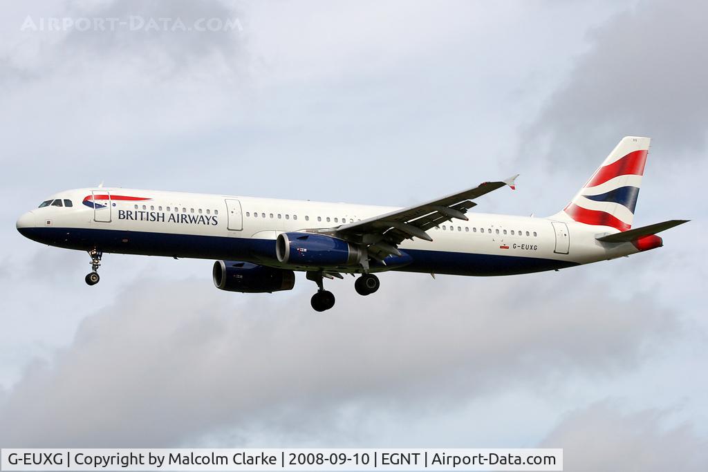 G-EUXG, 2004 Airbus A321-231 C/N 2351, Airbus A321-231 on approach to Rwy 25 at Newcastle Airport in 2008.
