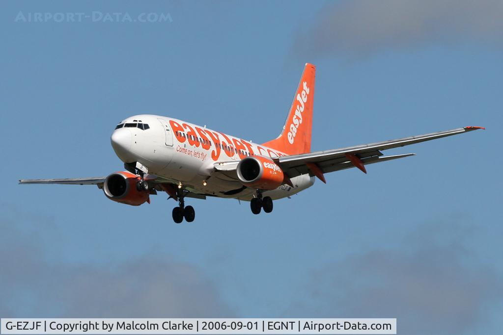 G-EZJF, 2001 Boeing 737-73V C/N 30243, Boeing 737-73V on approach to Rwy 25 at Newcastle Airport in 2006.