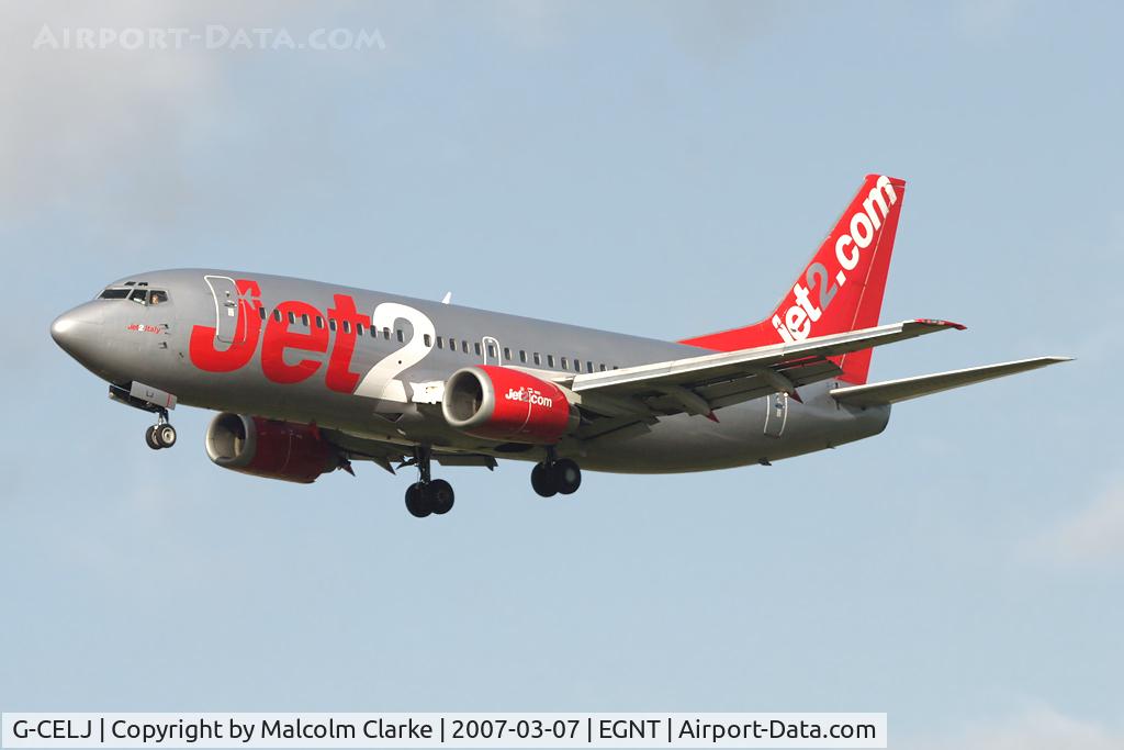 G-CELJ, 1986 Boeing 737-330 C/N 23529, Boeing 737-330 on approach to Rwy 25 at Newcastle Airport in 2007.
