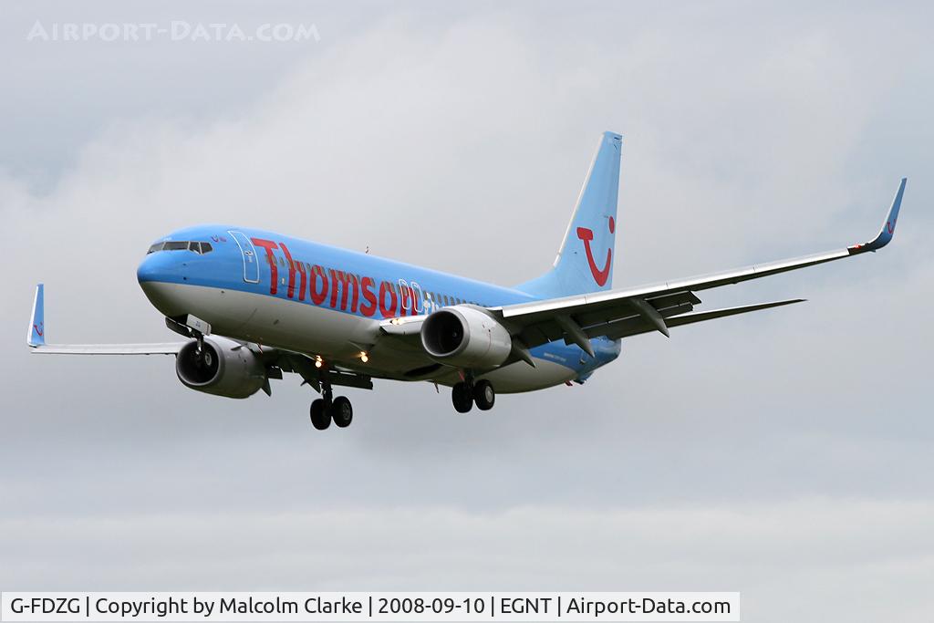 G-FDZG, 2008 Boeing 737-8K5 C/N 35139, Boeing 737-8K5 on approach to Rwy 25 at Newcastle Airport in 2008.