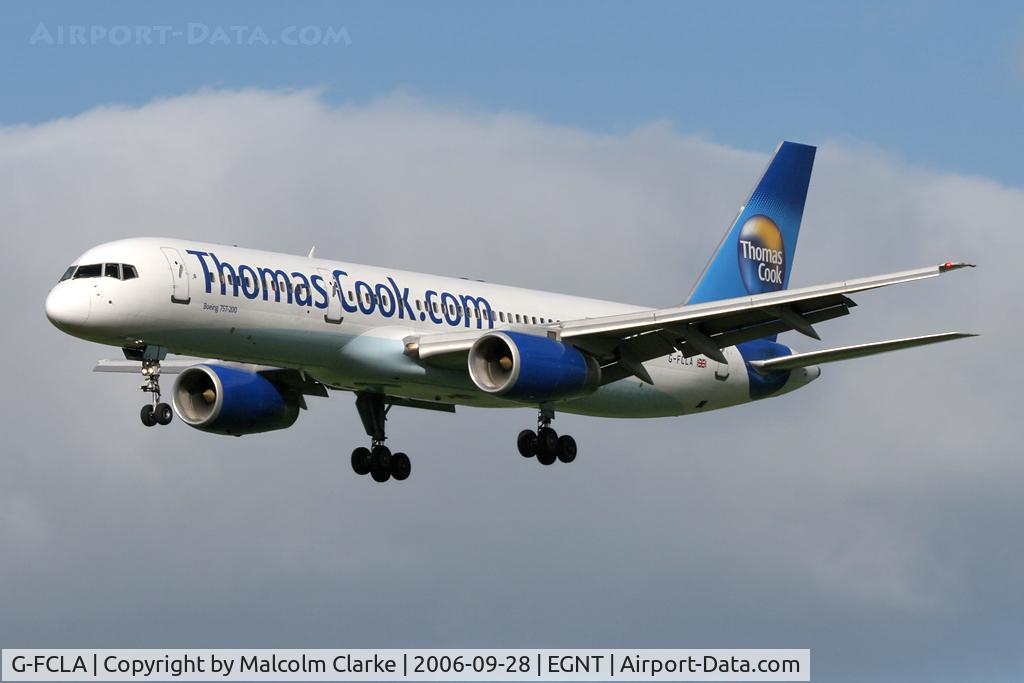 G-FCLA, 1997 Boeing 757-28A C/N 27621, Boeing 757-28A on approach to Rwy 25 at Newcastle Airport in 2006.