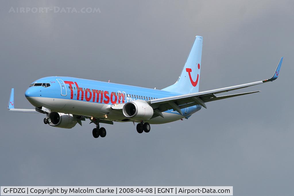 G-FDZG, 2008 Boeing 737-8K5 C/N 35139, Boeing 737-8K5 on approach to Rwy 25 at Newcastle Airport in 2008.